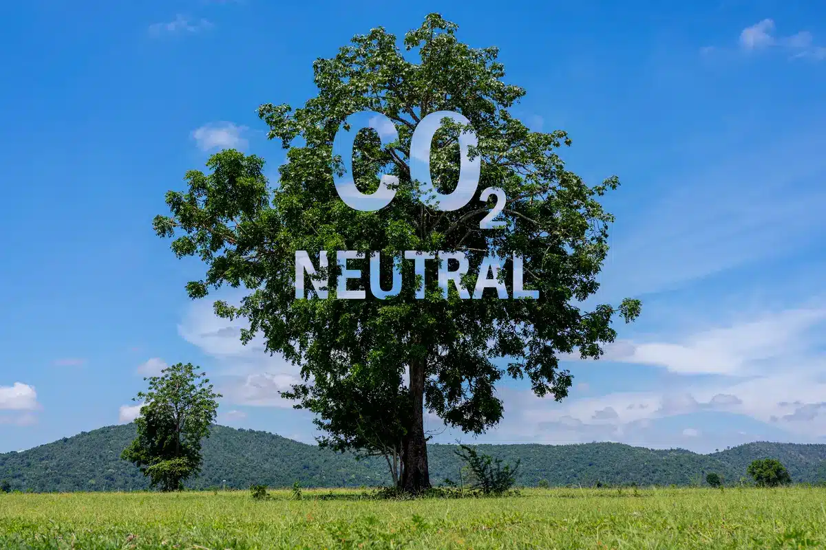 carbondioxide neutral text on top of a tree in a green field