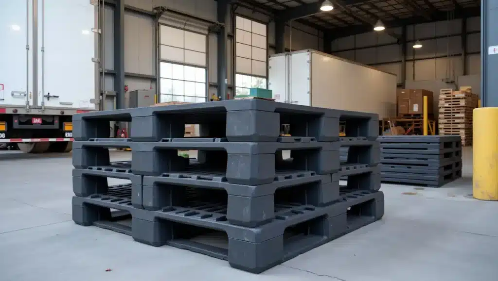 a stack of 4 black plastic pallets