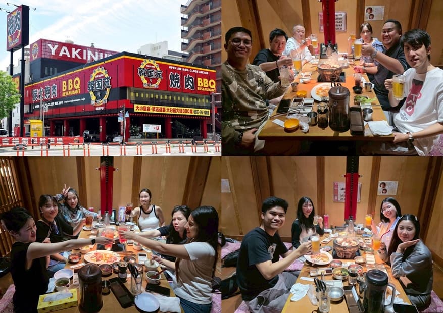 collage of company group photos at Yakiniku dinner