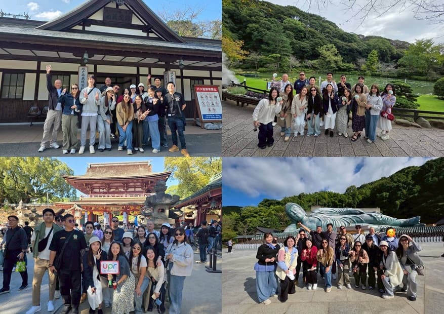 collage of company group photos in different locations in Kyushu Japan