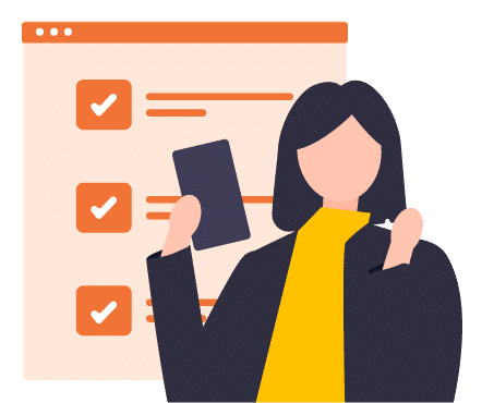 woman holding up a phone in front of a checklist